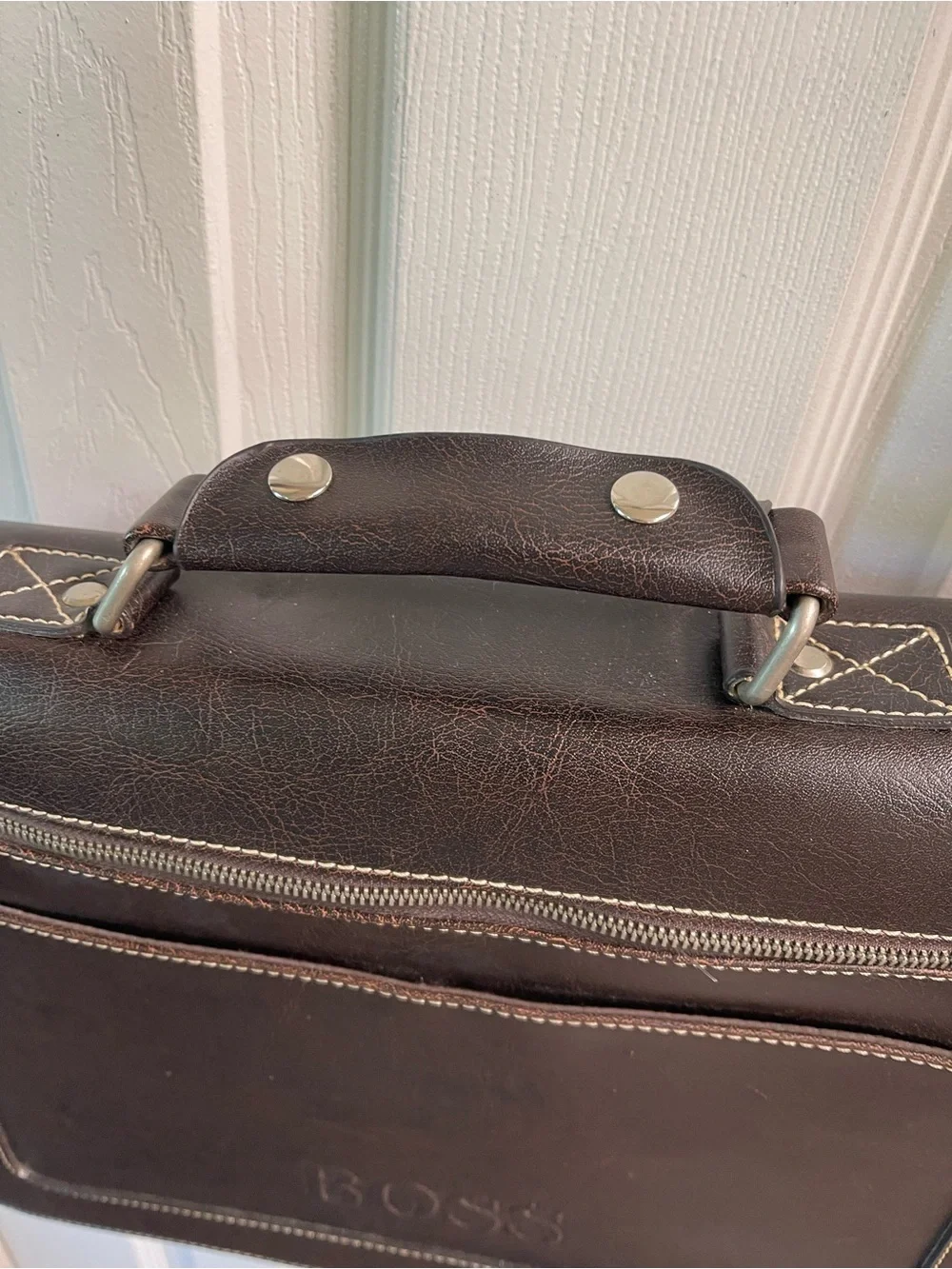 BOSS Brown Leather Briefcase with Shoulder Strap